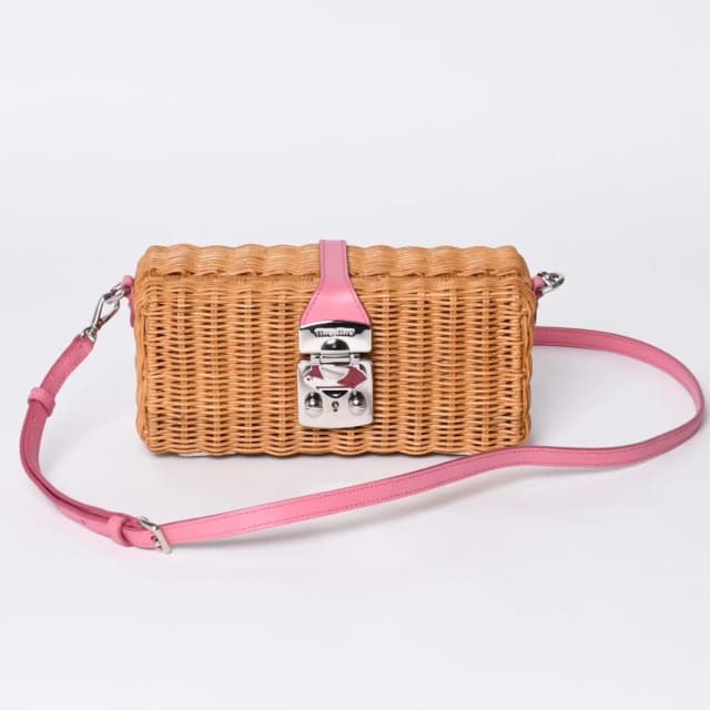 Miu Miu Shoulder Bag Basket Rattan Pink Brown Silver in Brown Raffia from The Reluxe, photo 1 of 1
