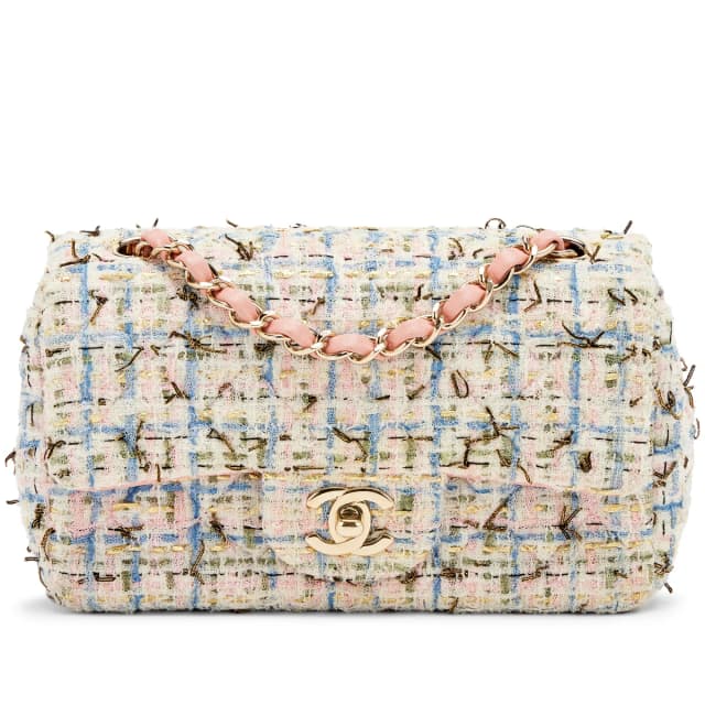 Chanel Pink Quilted Tweed Boucle Mini Rectangle Classic Single Flap Bag Gold Hardware, 2019 in Pink, White, Black, Blue, Gold Tweed, Leather, Metal from Sotheby's, photo 1 of 1