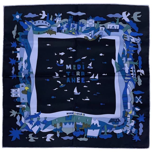 Hermès Petit Carre Mediterranee Scarf Mediterranean Silk Black Blue in Black Silk from The Reluxe, photo 1 of 1