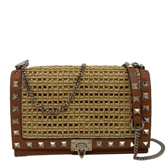 Valentino Garavani Rockstud Raffia Wallet On Chain Crossbody Bag Tan in Brown Raffia from Dallas Designer Handbags, photo 1 of 1