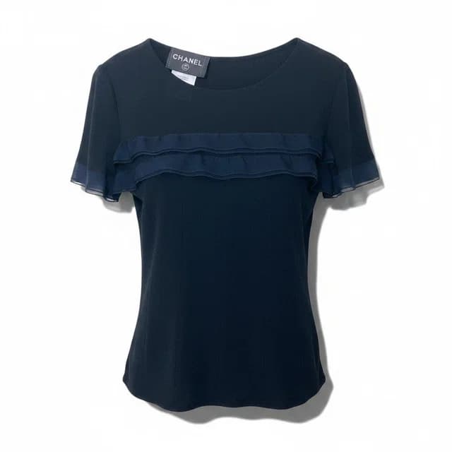 Chanel Ch1 Short Sleeve Knit Sweater CC Logo Button 36 Black 100% Rayon in Black from The Reluxe, photo 1 of 1
