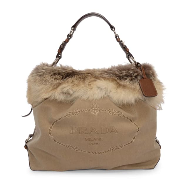 Prada Logo Jacquard and Fur Hobo Bag in Beige from Blue Spinach, photo 1 of 1