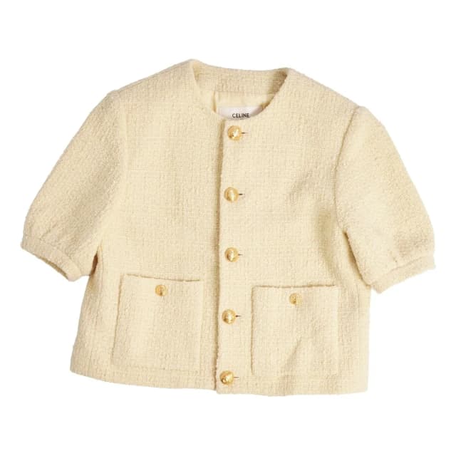 Celine Jacket Boucle Natte Collarless Short Sleeve Tweed Wool Beige 38 in Beige Tweed from The Reluxe, photo 1 of 1