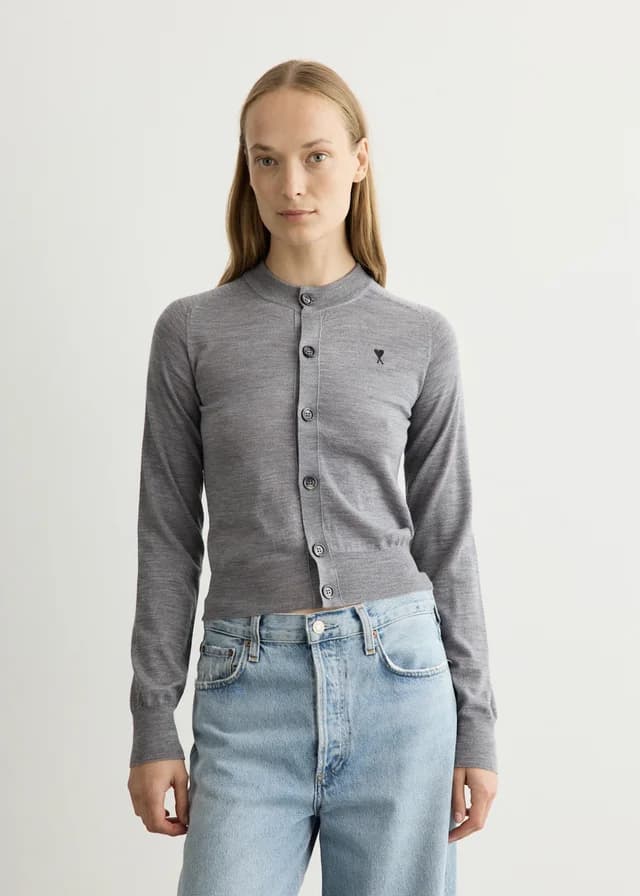 AMI PARIS ADC Crewneck Cardigan in GRIS CHINE/ NOIR, image 1 of 1 from Incu
