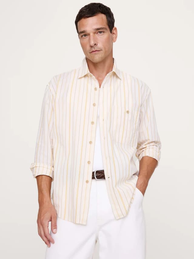 Banana Republic Relaxed-Fit Washed Cotton Poplin Shirt in Yellow Stripe, image 1 of 1 from Banana Republic (Canada)