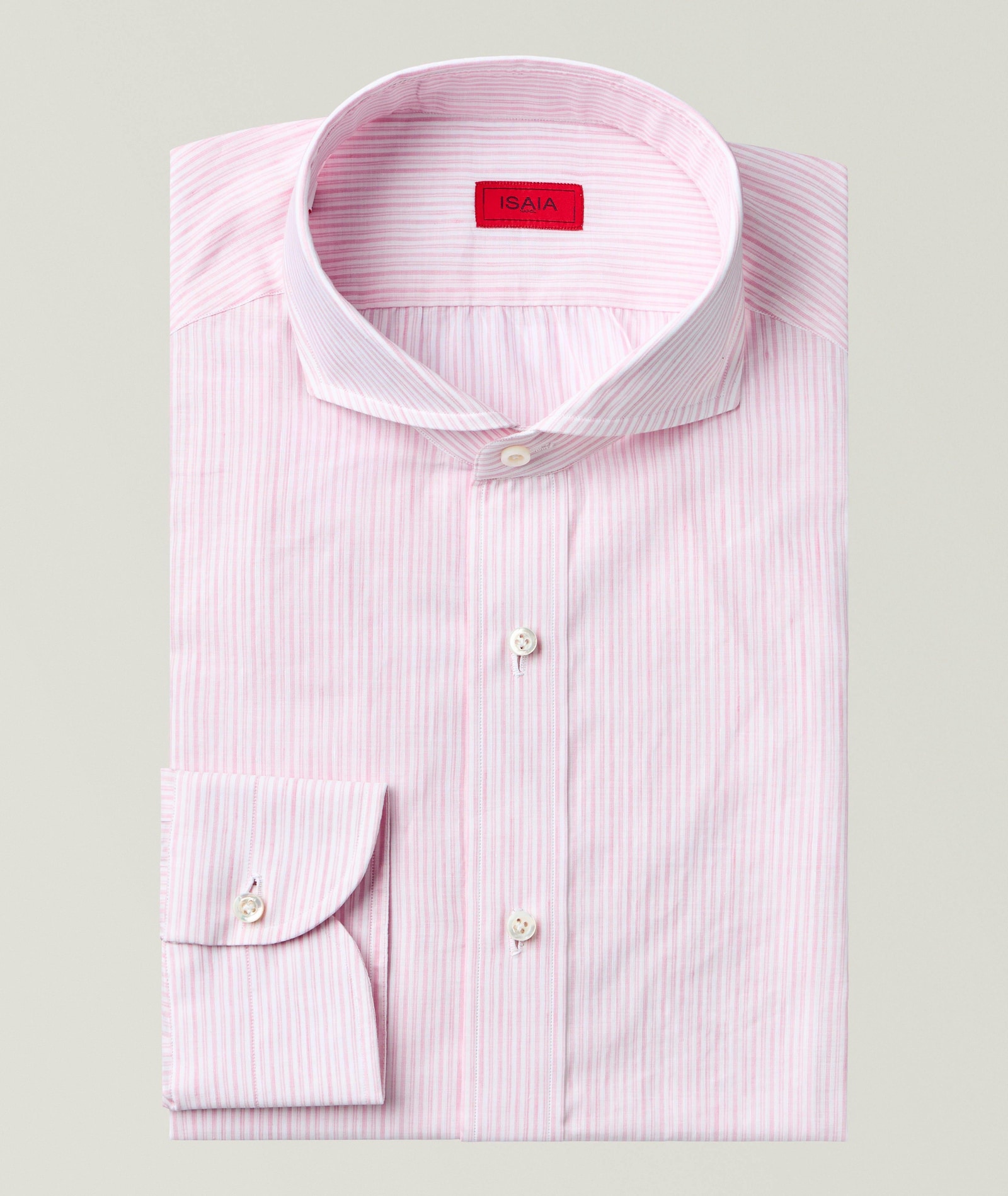 Isaia Striped Cotton-Linen Dress Shirt in Pink Linen, image 1 of 1 from Harry Rosen