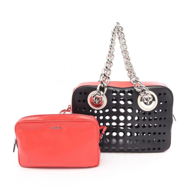 Prada Tote Bag City Fori Perforated Black Red Leather Foley Chain in Black Leather from The Reluxe, photo 1 of 1