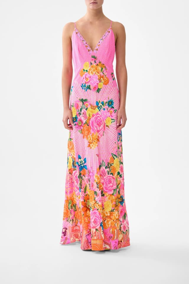 Camilla eBoutique V-NECK FULL LENGTH BIAS SLIP DRESS ILLUSTRATION NATION, image 1 of 1 from CAMILLA