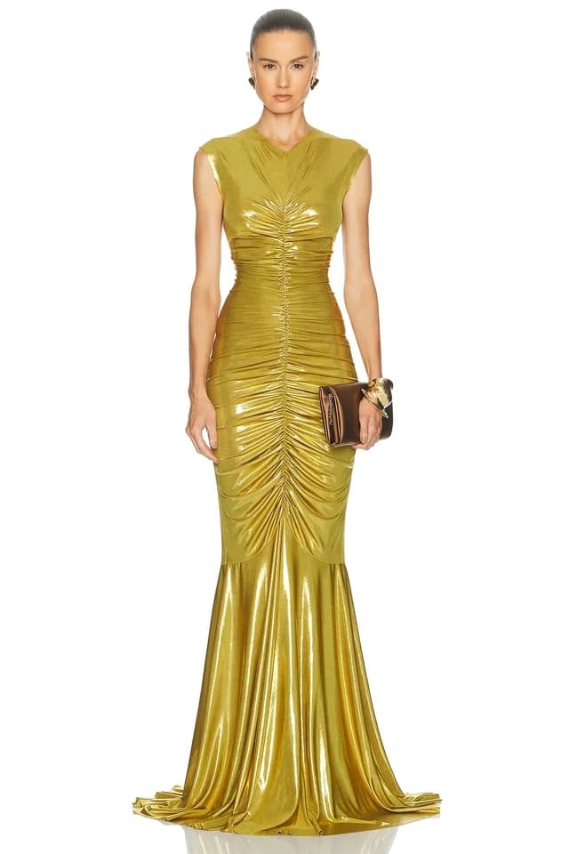 Norma Kamali Sleeveless V Neck Shirred Front Fishtail Gown in Metallic, image 1 of 1 from FWRD