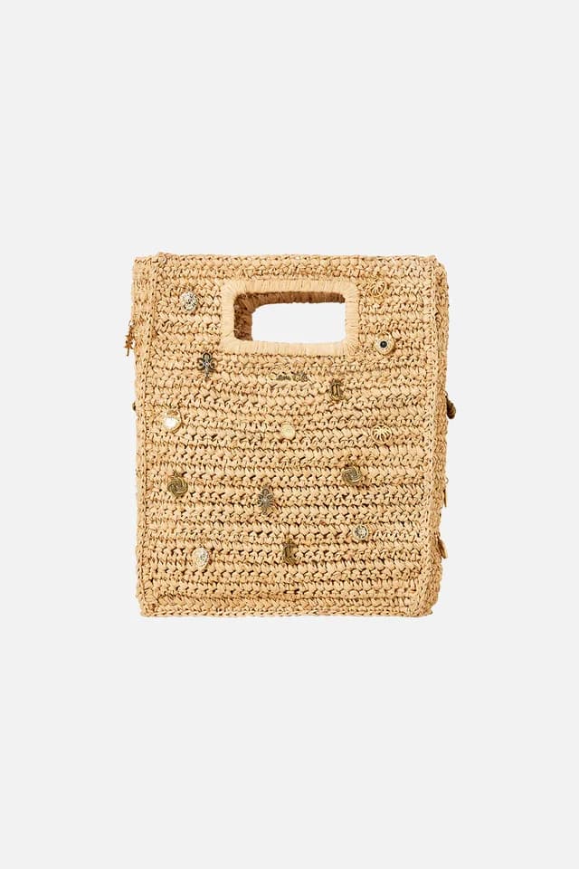 Camilla eBoutique RAFFIA MINI NORTH SOUTH TOTE WITH CHARMS NATURAL, image 1 of 1 from CAMILLA