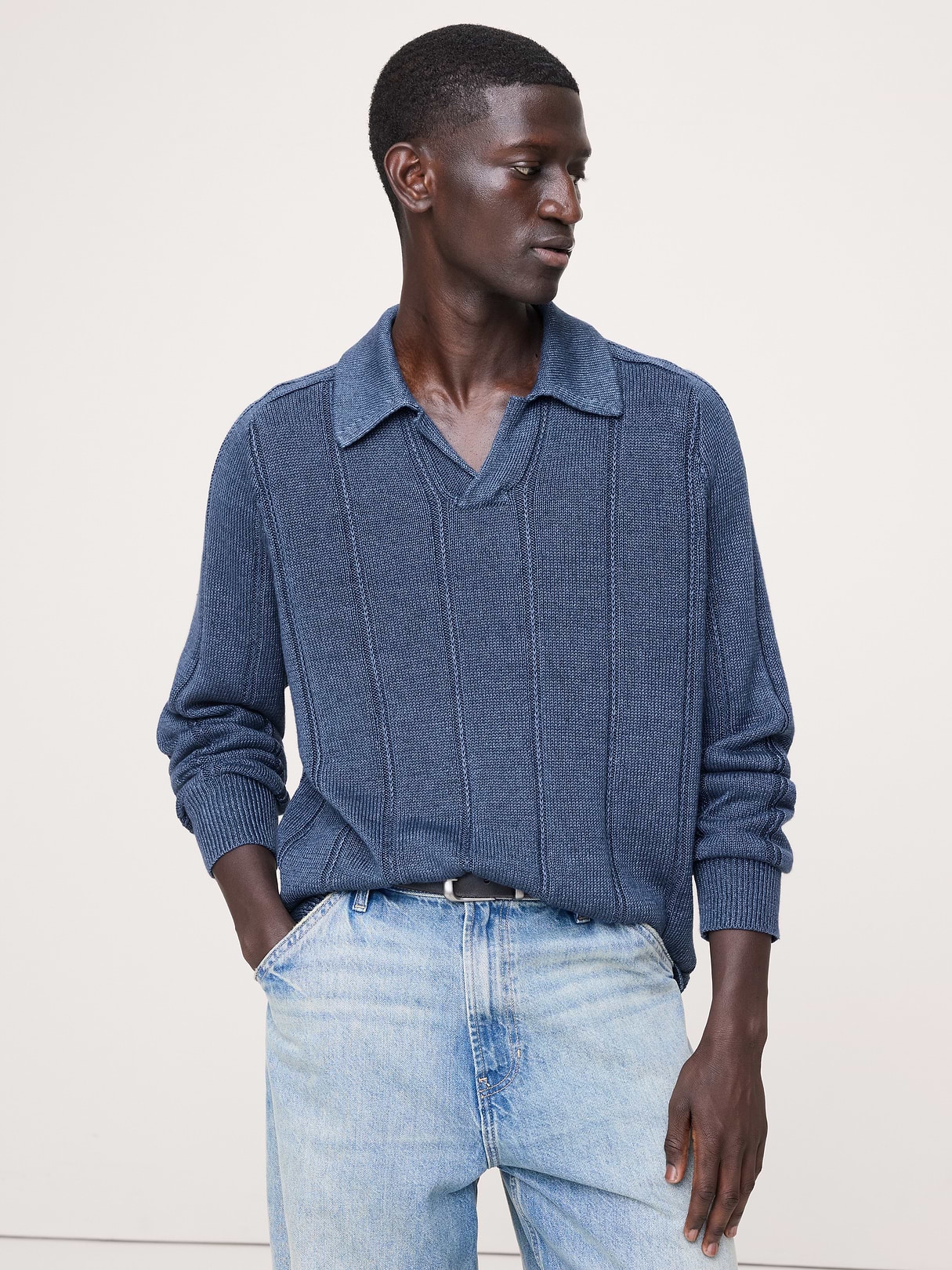 Banana Republic Linen Ribbed Sweater Polo in Navy Blue, image 1 of 1 from Banana Republic (Canada)