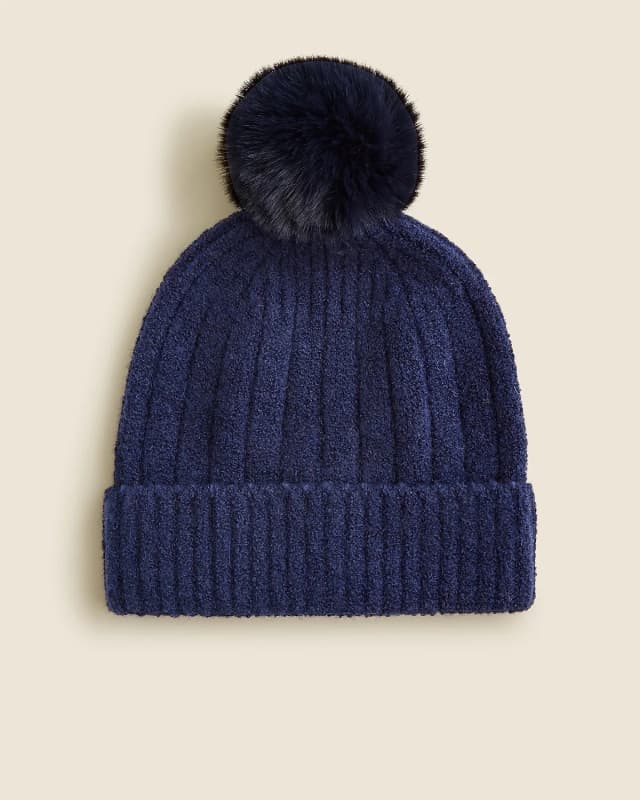J.Crew Ribbed pom-pom beanie in Supersoft yarn in NAVY, image 1 of 1 from J.Crew (Canada)