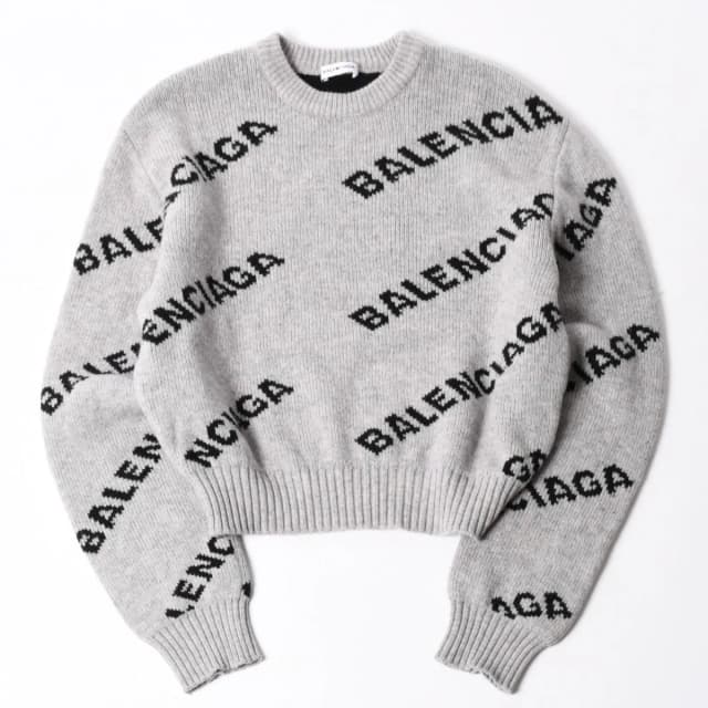 Balenciaga All Over Print Logo Crew Neck Knit Sweater Wool Gray Black in Black Wool from The Reluxe, photo 1 of 1
