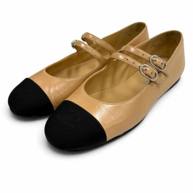 Chanel CC Logo Mary Jane Leather Flat Pumps Beige Black in Black Leather from The Reluxe, photo 1 of 1