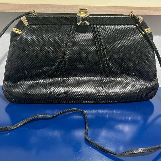 Judith Leiber Snakeskin Reptile Bag Purse Clutch Black Gold Vintage 80s in black|gold Leather from Poshmark, photo 1 of 1