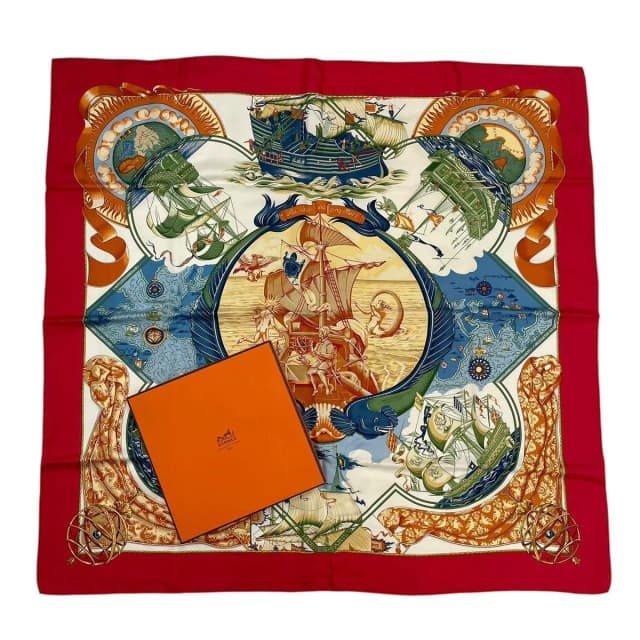 Hermès Scarf Carre 90 Pau Dela Des Cinq Mers Beyond The Five Seas Silk Red in Red Silk from The Reluxe, photo 1 of 1