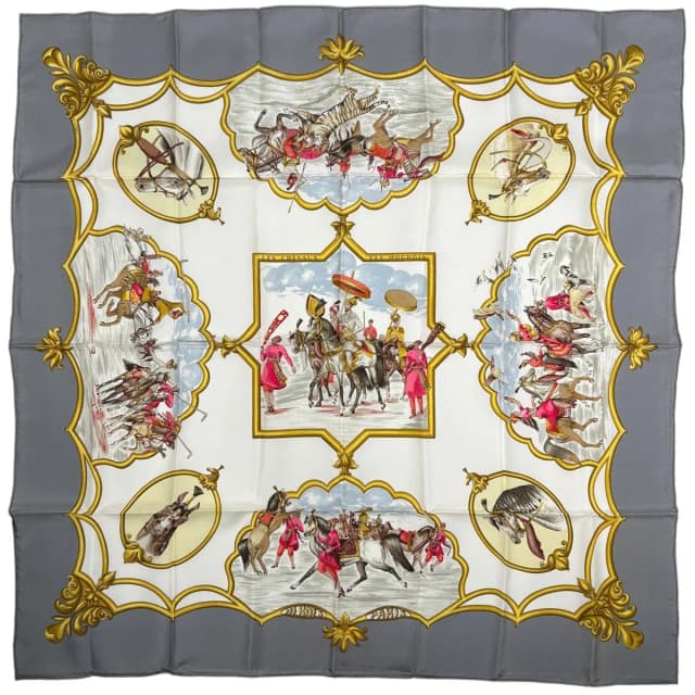 Hermès Carre 90 Les Chevaux Des Moghols Mughal Dynasty Horse Scarf Silk Gray in Grey Silk from The Reluxe, photo 1 of 1