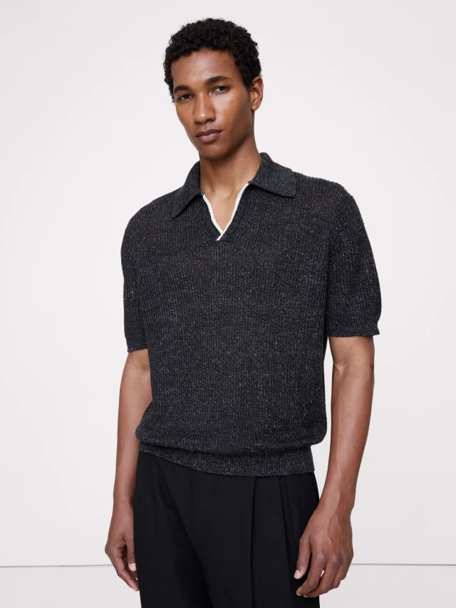 Banana Republic Linen-Cotton Johnny-Collar Sweater Polo in Heather Charcoal Gray, image 1 of 1 from Banana Republic (Canada)