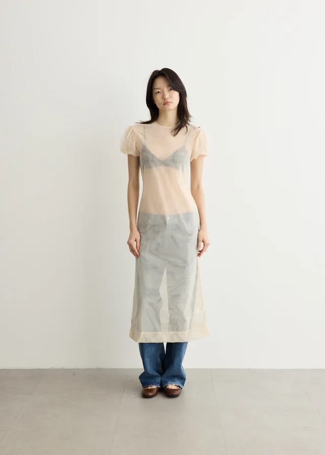 Simone Rocha Sheer Puff Sleeve Column Dress in NUDE, image 1 of 1 from Incu