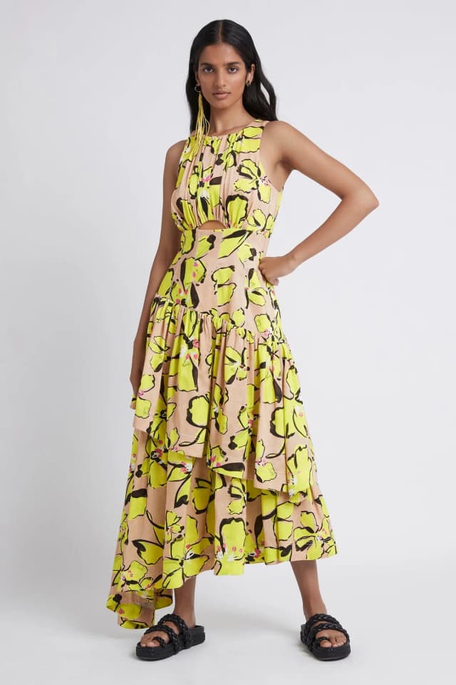AJE Pelicano Citrus Bloom Racer Asymmetric Tiered Dress in CITRUS BLOOM, image 1 of 1 from Aje
