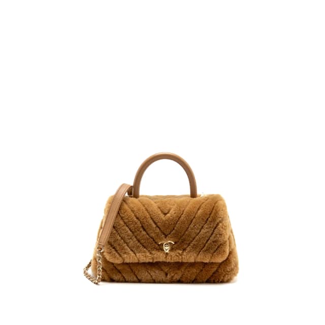 Chanel Small Chevron Coco Handle Bag Shearling Dark Beige LGHW in Beige Leather from EMIER, photo 1 of 1
