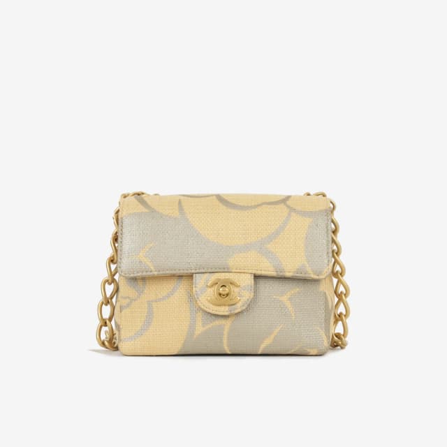 Chanel Vintage Mini Square - Beige Camellia Raffia | Antique Gold Hardware in Beige Raffia from Bagista, photo 1 of 1