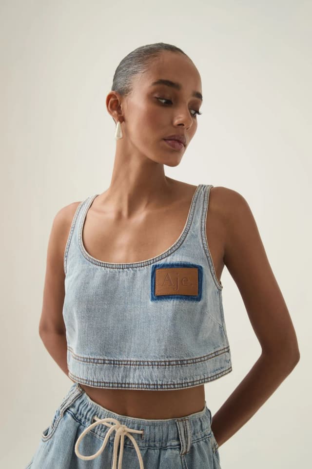 AJE Aura Denim Top in SEA SPRAY WASH, image 1 of 1 from Aje