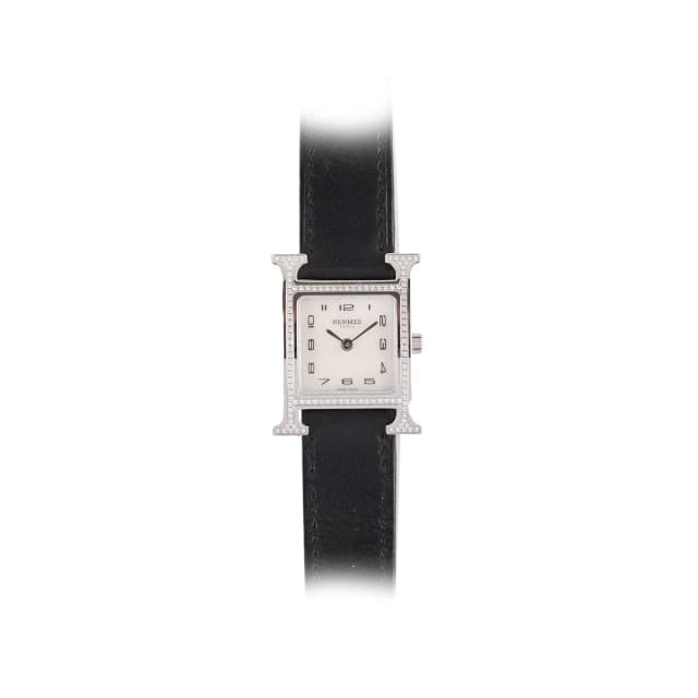 Hermès H Heure Watch Small Model, 25mm, Diamond Black Leather MOP Face in Black Leather from The Purse Affair, photo 1 of 1