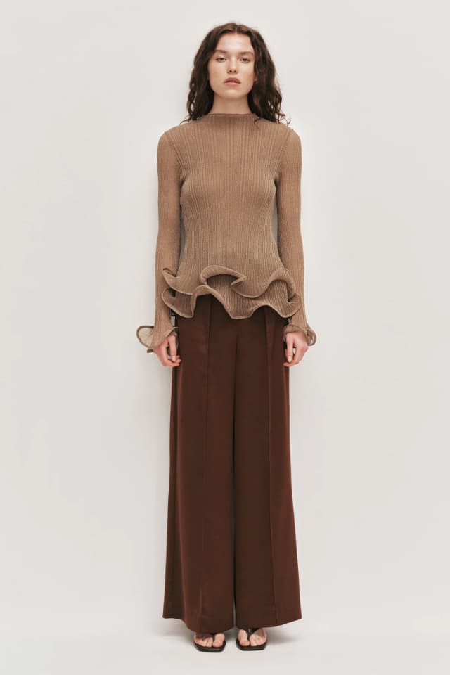 AJE Ciela Ruffle Knit Top in BURNISHED GOLD, image 1 of 1 from Aje