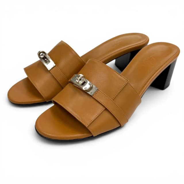 Hermès Gigi Natural Kelly Chunky Heel Leather Sandals in Beige Leather from The Reluxe, photo 1 of 1
