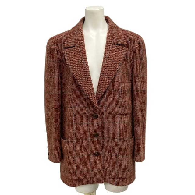 Chanel Jacket M Red Dark Brown Multi Shoulder Pad Long Sleeve Plaid Pattern Wool in Brown Wool from The Reluxe, photo 1 of 1