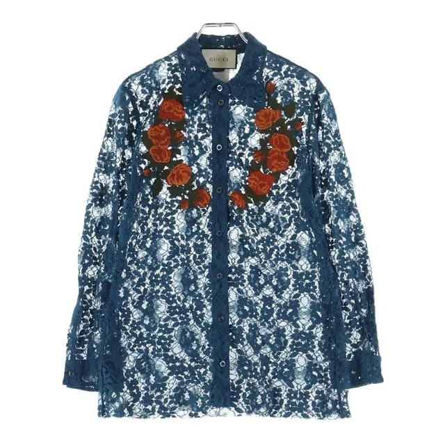 Gucci Floral Shirt Embroidery Lace Long Sleeve Navy in Navy Nylon from The Reluxe, photo 1 of 1