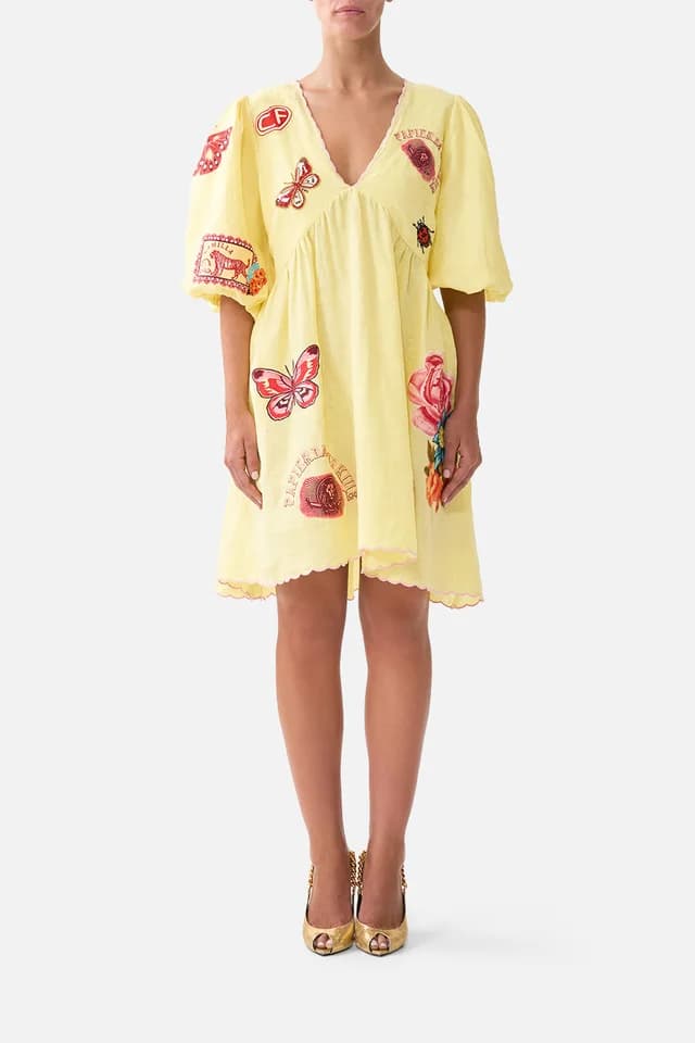 Camilla eBoutique V NECK PUFF SLEEVE SHORT DRESS COLLAGE KINGDOM, image 1 of 1 from CAMILLA