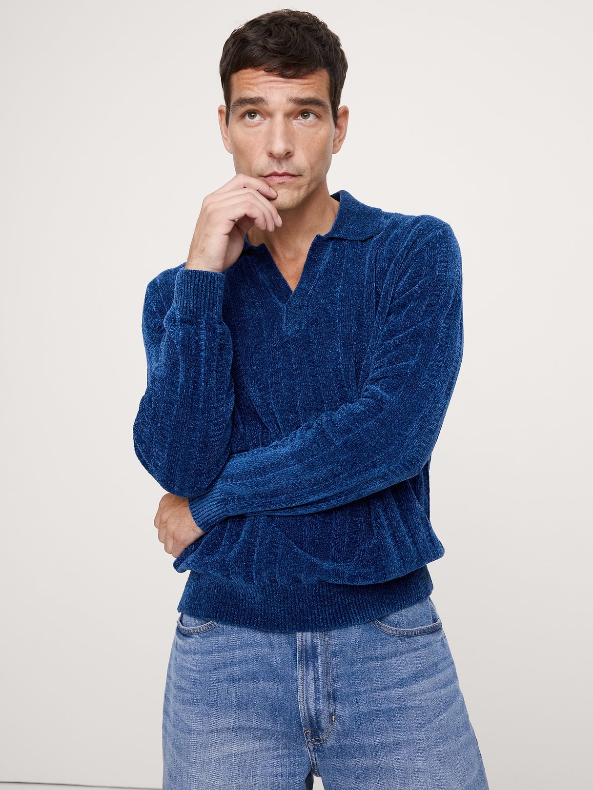 Banana Republic Ribbed Chenille Sweater Polo in Rain Shower Blue, image 1 of 1 from Banana Republic (Canada)