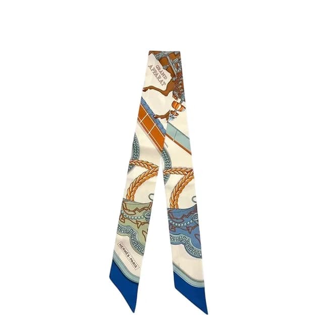 Hermès Ribbon Scarf Twill Beige Blue Dressed Horse Grand Apparat Already in Beige Silk from The Reluxe, photo 1 of 1