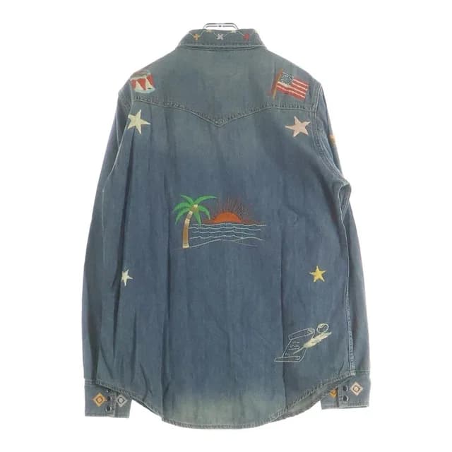 Saint Laurent Floral Embroidery Long Sleeve Denim Shirt Indigo in Denim from The Reluxe, photo 1 of 1