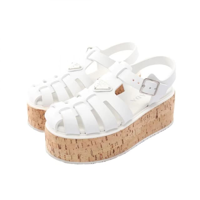 Prada Sandals Triangle Logo Platform White Rubber Wedges in White from The Reluxe, photo 1 of 1