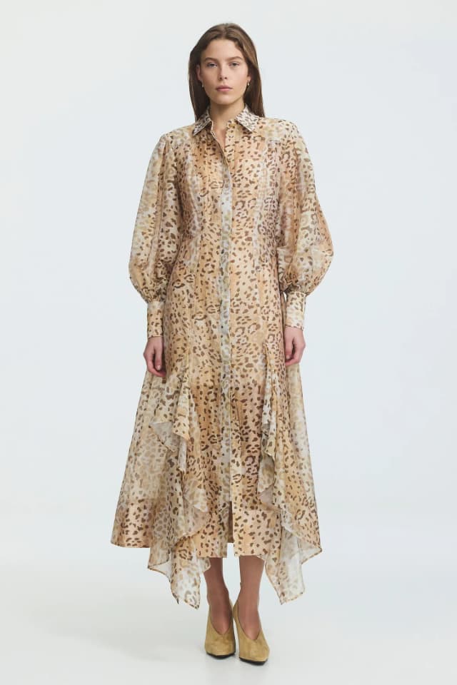 AJE Caelia Midi Shirt Dress in SANDHAZE LEOPARD, image 1 of 1 from Aje