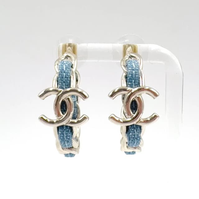 Chanel CC Logo Hoop Metal Denim Silver Blue Earrings in Blue Denim from The Reluxe, photo 1 of 1