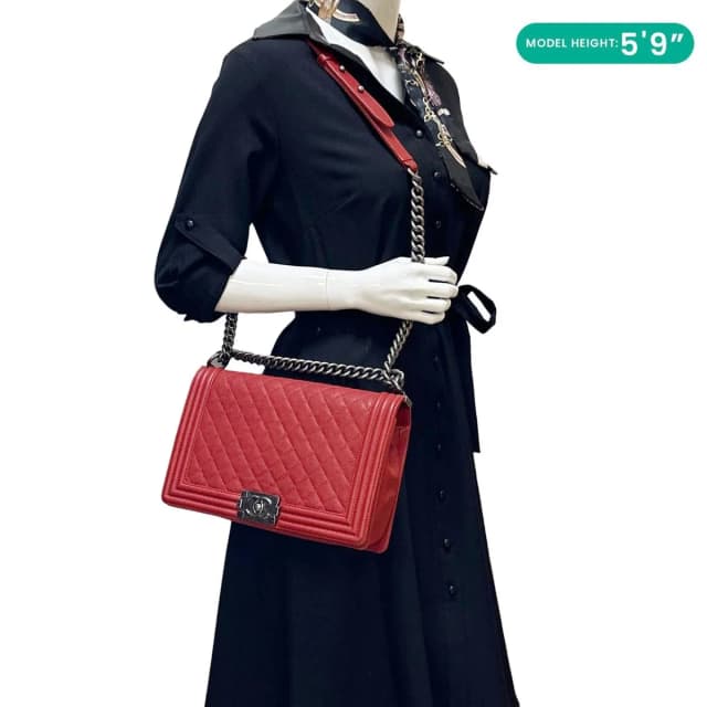 Chanel Boy Flap New Medium Quilted Caviar Leather Chain Shoulder Bag Red in Red Caviar leather from Dallas Designer Handbags, photo 1 of 1