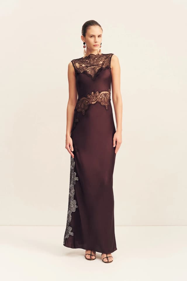 Shona Joy JAMILA LACE HIGH NECK MAXI DRESS - ESPRESSO, image 1 of 1 from Shona Joy