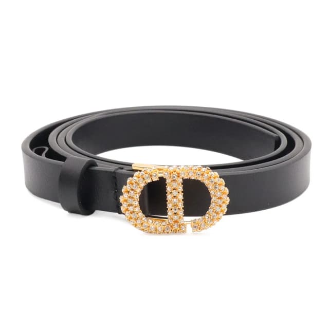 Dior Logo Rhinestone Narrow Belt Leather Black Gold 70 in Black Leather from The Reluxe, photo 1 of 1