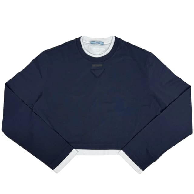 Prada Triangle Logo Long Sleeve T-Shirt Layered Top Cotton Navy White in White from The Reluxe, photo 1 of 1