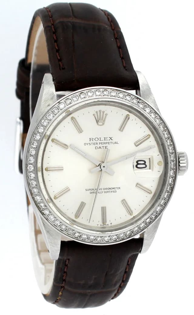 Mens Vintage Rolex Oyster Perpetual Date Steel Silver Dial 34mm Diamond Watch | Rolex | Buy at in Silver from Truefacet, photo 1 of 1