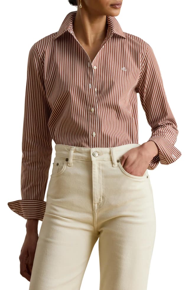 Lauren Ralph Lauren Classic Fit Stripe Cotton Broadcloth Button-Up Shirt in White, image 1 of 1 from Nordstrom Rack