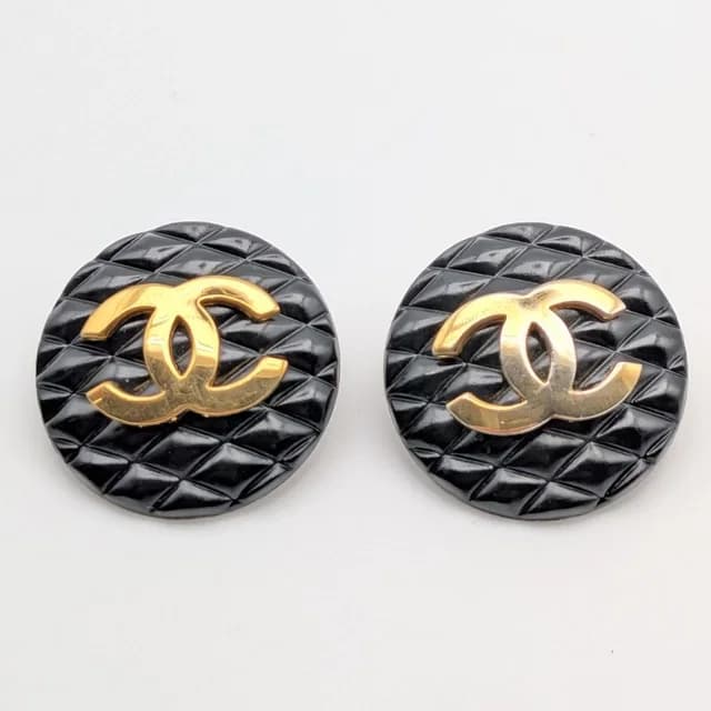 Chanel Earrings CC Logo Quilted Gold Black Round First Era Vintage in Black from The Reluxe, photo 1 of 1