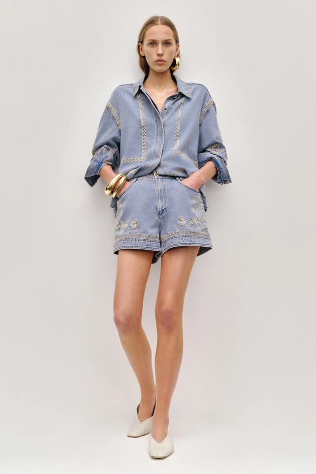 AJE Lotus Denim Short in LIGHT SKY WASH, image 1 of 1 from Aje