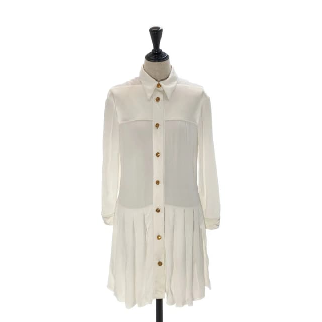 Louis Vuitton Gold Button Satin Pleated Shirt Dress White 36 in White Satin from The Reluxe, photo 1 of 1