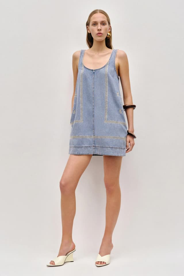 AJE Lotus Denim Mini Dress in LIGHT SKY WASH, image 1 of 1 from Aje
