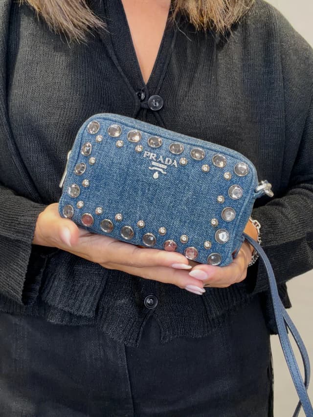 Prada Logo Denim Shoulder Bag Crossbody Bag Rhinestone Blue in Blue Denim from Season 2 Consign, photo 1 of 1